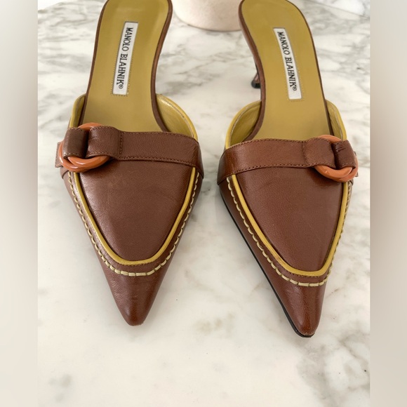 Manolo Blahnik Chartreuse Chocolate Leather Kitten Heels Size 37 - Picture 4 of 12